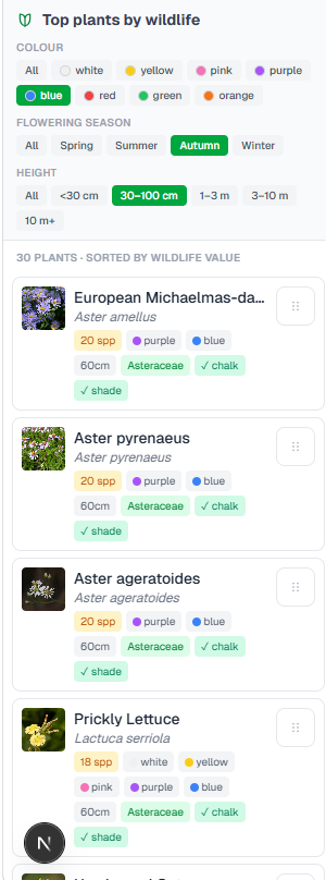 Native plant selection filtered by season and colour